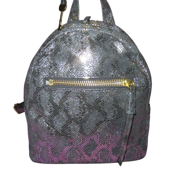 FOSSIL Megan Silver & Black Metallic Python Embossed Leather Backpack & Key - Picture 1 of 15